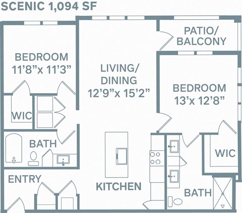 Floor plan for 2 beds, 2 baths, 1094 sqft